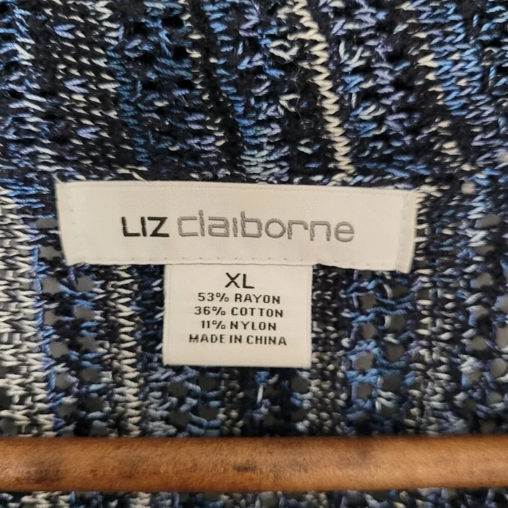 Liz Claiborne Womens Crochet Open Cardigan Size XL Navy 3/4 Sleeve Lagenlook - Picture 2 of 11